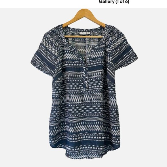Kim Rogers Women’s Large Blue Pattern Casual Short Cap Sleeve Pullover Blouse - Picture 1 of 8